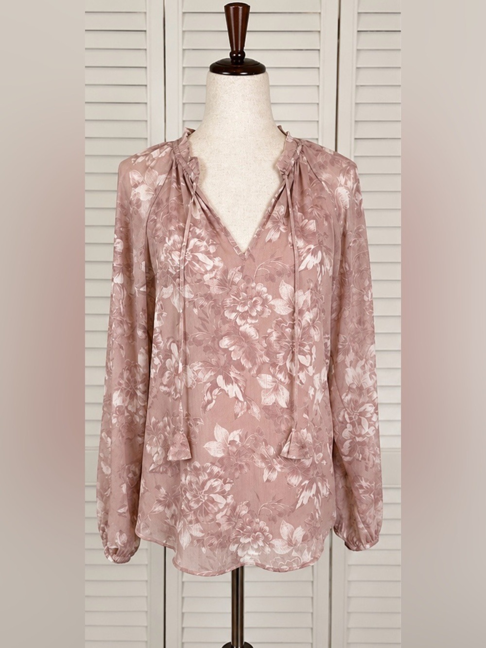 Joie Rose Taupe Floral Tie Neck Blouse Small
